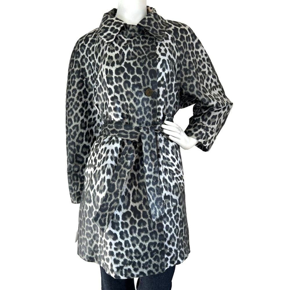 Vintage 80s MADELEINE Switzerland Gray Leopard Print Belted Trench Coat Small